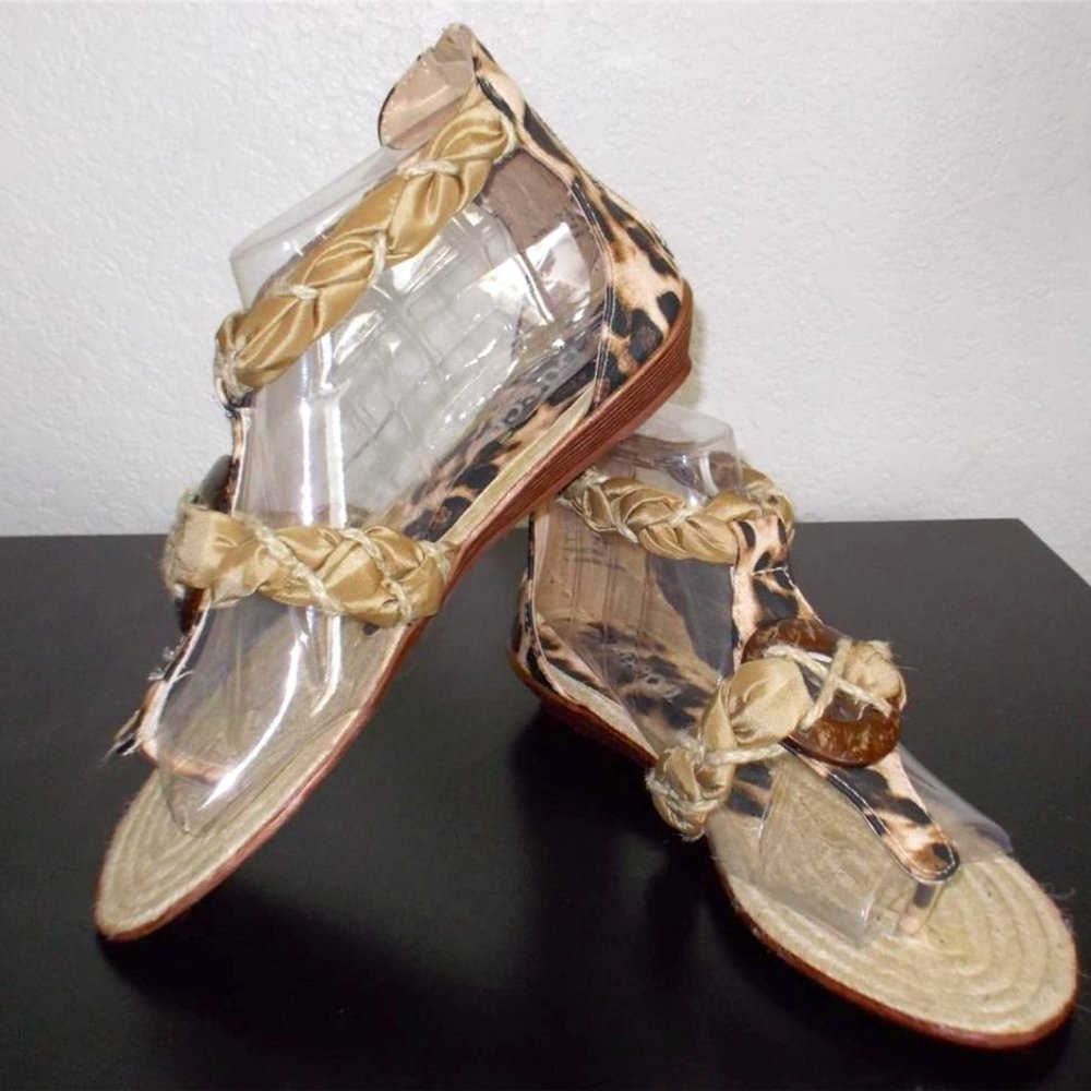 BUCCO MS SIZE 7 1/2 M TAN & BROWN LEOPARD PRINT ROPE AND RIBBON GLADIATOR SANDAL